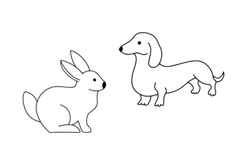 Doodle animal icon isolated on white. Outline dog and rabbit. Hand drawing art line sticker. Sketch pet. Coloring page book. Vector stock illustration. EPS 10