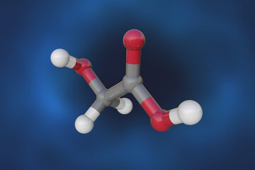 Molecular structure of glycolic or hydroxyacetic acid. Atoms are represented as spheres with color coding: carbon (grey), oxygen (red), hydrogen (white). 3d illustration