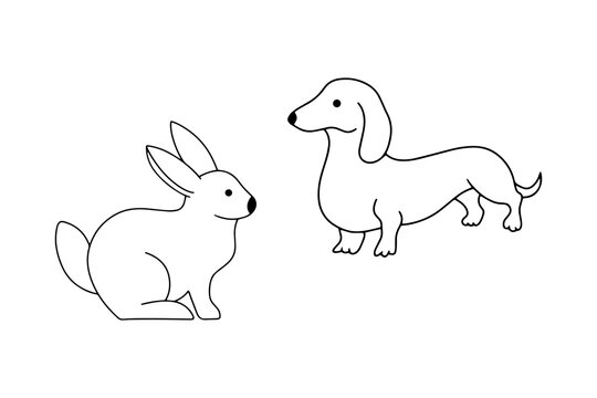 Doodle animal icon isolated on white. Outline dog and rabbit. Hand drawing art line sticker. Sketch pet. Coloring page book. Vector stock illustration. EPS 10
