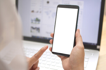 Close up image of smart phone mockup, businesswoman holding phone with white screen