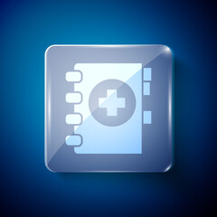Obraz premium White Medical clipboard with clinical record icon isolated on blue background. Prescription, medical check marks report. Square glass panels. Vector Illustration.