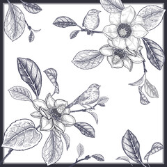 Vorlage zum Erstellen eines Kissens, Schals oder Wandpaneels. Blühende Magnolien und Vögel. © marinavorona