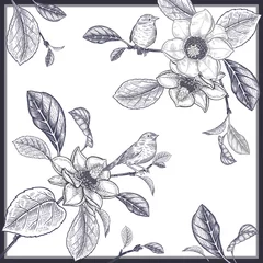 Vorlage zum Erstellen eines Kissens, Schals oder Wandpaneels. Blühende Magnolien und Vögel. © marinavorona