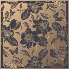 Magnolienzweige, Blumen, niedliche Vögel und Schmetterling. Blumenmuster. © marinavorona