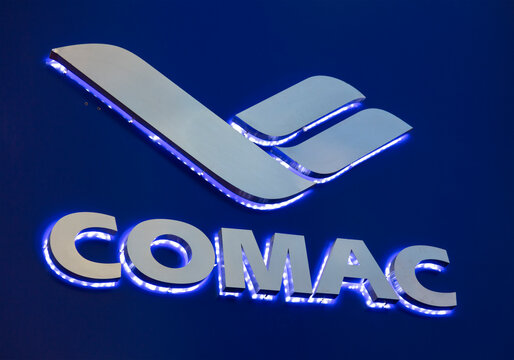 ZHUHAI, CHINA- NOVEMBER 7, 2018: Commercial Aircraft Corporation of China (COMAC) sign is seen at the 12th China International Aviation and Aerospace Exhibition, also known as Airshow China 2018