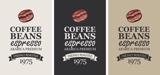 Coffee labels in retro style. Set of three vector labels for freshly roasted coffee beans with coffee beans, ribbons and inscription Espresso