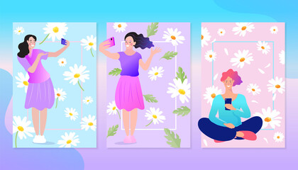 People in quarantine and isolation stay at home. work from home. Female cartoon character with mobile phones. Flat vector illustration.