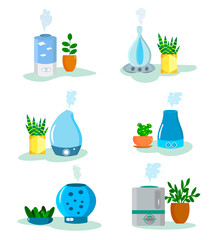 Climate cleaner air humidifier. Set icon. Flat vector illustration.