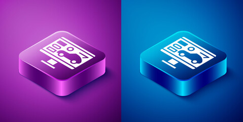 Isometric Hardware diagnostics condition of car icon isolated on blue and purple background. Car service and repair parts. Square button. Vector Illustration.