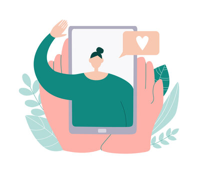 Video call with a girlfriend. Person holds a phone in hands and see the friend on screen. Online communication during social distancing and self isolation. People communicating on Internet. 