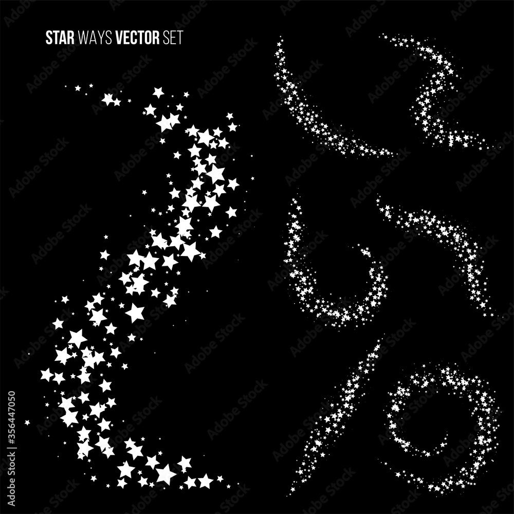 Wall mural white star ways vector illustrations set. shimmering clouds with stars isolated on black background.