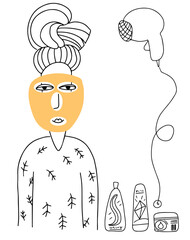 Woman applying mask sheet and take care for hair and face doodle sketch vector illustration 
