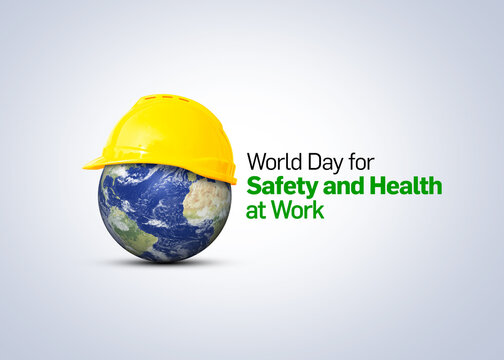 World Day for Safety and Health at Work concept.The planet Earth and the helmet symbol of safety and health at work place. 