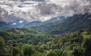 Naklejka premium Pyrenees mountain landscape with clouds / Ariège department in southwestern France