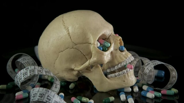 Skull with diet pills. Chera with pills and a measuring tape. Death from diets and pills concept.