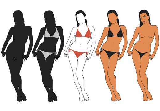 Vector silhouettes of bikini woman in black and color style. Icons of beautiful slim girl isolated on white background. Lady profiles.