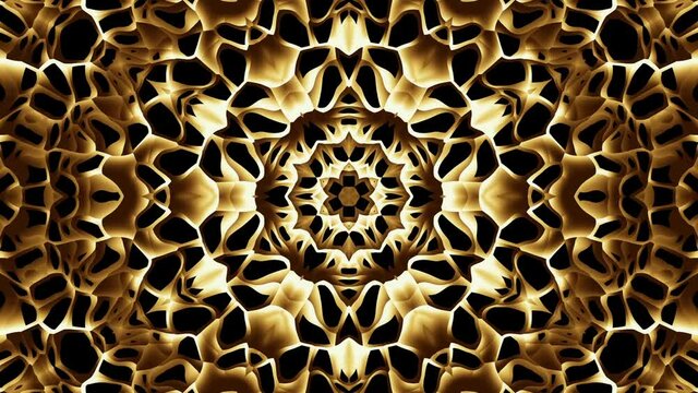 Transforming round gold mandala pattern. Seamless loop footage. Emboss geometric lattice mandala in arabic style. Islamic geometric arabesque pattern.