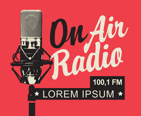 On air Radio broadcasting FM concept. Vector banner for radio station with a microphone, inscription and place for text on the red background in retro style. Suitable for poster, advertising, flyer