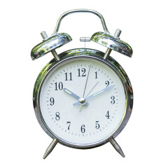 Silver vintage alarm clock isolated on white background with clipping path.