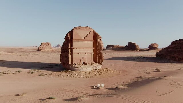Saudi temple dolly zoom aerial on drone in Al Ula, Saudi Arabia