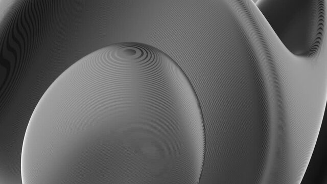 3d render of abstract black and white monochrome art with surreal 3d background in curve wavy smooth and soft biological forms with lines patter on matte metal aluminium surface