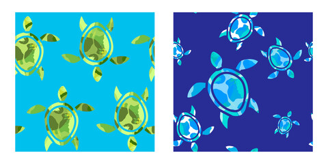 set of two seamless patterns of sea and tropical turtles with texture effect. abstract silhouette of turtles. Modern design for packaging, paper, cover, fabric. print for clothes