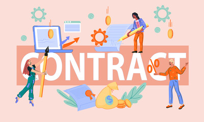 Web banner template contract signing concept with business people characters. Successful transaction and investments into company growth and development. Cartoon vector illustration.