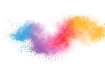 Abstract powder splatted background. Colorful powder explosion on white background. Colored cloud. Colorful dust explode. Paint Holi.