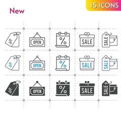 new icon set. included calendar, gift, shopping bag, price tag, open icons on white background. linear, bicolor, filled styles.