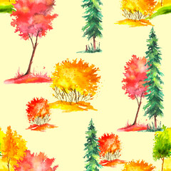 Seamless watercolor pattern. Autumn landscape, forest, park. Silhouettes of trees and bushes. red, orange and yellow colors. Mixed forest - oak, ash, maple, birch, pine, cedar, spruce