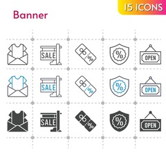 banner icon set. included newsletter, sale, discount, warranty, open icons on white background. linear, bicolor, filled styles.