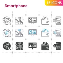 smartphone icon set. included online shop, shop, wallet, internet icons on white background. linear, bicolor, filled styles.