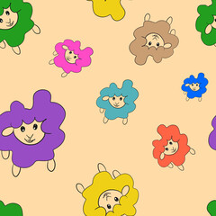 seamless pattern with colorful funny animals on beige background. Colorful cute doodle sheep. print, packaging, wallpaper, textile, fabric, kids, stationery design