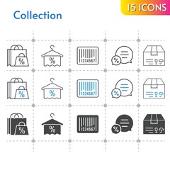 collection icon set. included shopping bag, package, towel, chat, barcode icons on white background. linear, bicolor, filled styles.