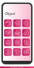object icon set. included gift, online shop, wallet, shirt, mortgage, chat, phone call, closed, internet icons on phone design background . linear styles.