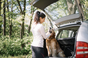 Girl standing next to dog in trunk and petting him. Brunette girl in sport outfit looking at retriever dog which is sitting in car trunk in forest.