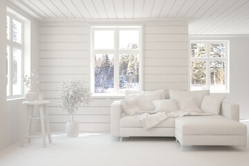 White living room with sofa and winter landscape in window. Scandinavian interior design. 3D illustration