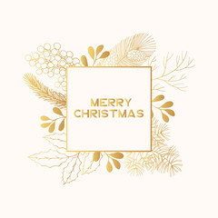 Golden Merry Christmas frame with holly, mistletoe, coniferous, pine, fir branches. Gold holiday border for greeting cards. Vector isolated festive flourish banner for xmas designs.