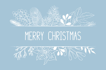 Merry Christmas border with lettering, holly, mistletoe, coniferous, pine, fir branches. Holiday banner for greeting cards. Vector isolated festive flourish background for xmas designs.