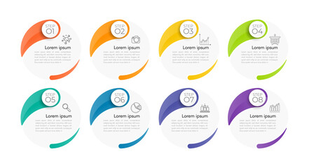 Art & Illustration, Modern infographics business design with 8 option concepts, parts, steps or processes can be used for workflow layout, diagram, number options, web design. infographic element.