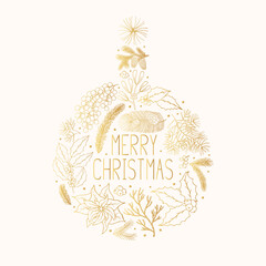 Obraz na płótnie Canvas Merry Christmas toy concept with golden holly, mistletoe, coniferous, pine, fir branches and cones. Gold holiday flourish card template. Vector isolated festive plant silhouettes for xmas designs