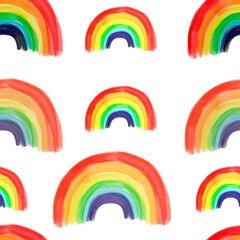 colorfully painted rainbows on white background. Seamless summer pattern. Kids drawing. LGBTQ, pride concept. Print, packaging, wallpaper, textile, fabric design