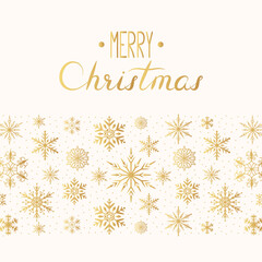 Fototapeta na wymiar Magic Merry Christmas border with golden snowflakes and sparkles. Winter holiday card template. Vector isolated gold festive background with lettering.