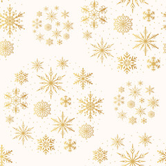 Hand drawn Merry Christmas golden snowflake seamless pattern. Magic holiday texture. Vector isolated winter gold festive background for wrapping paper.
