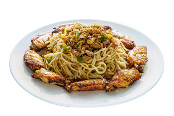 Stir Noodles with Pork, Fried Onion, Bell Pepper and Chicken Middle Wings on White Dish Isolated Background. Fusion Food and Group Concept