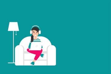 happy freelancer girl with earphones in chair with laptop and stars. creative hipster work at home.