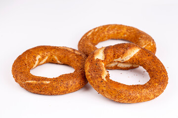 Turkish fast food bagel called Simit. Turkish bagel Simit with sesame. Bagel is traditional Turkish bakery food.