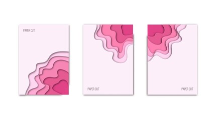 Vertical A4 banners with 3D abstract pink flowing liquid background. Design layout for brochures, flyers, posters or invitations. Paper cut out art digital craft style. Vector illustration