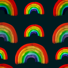 Painted rainbows on dark blue background.  Seamless pattern. Summer, sky, pride, LGBTQ print. packaging, wallpaper, textile, fabric, kids design
