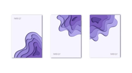 Vertical A4 banners with 3D abstract purple flowing liquid background. Design layout for brochures, flyers, posters or invitations. Paper cut out art digital craft style. Vector illustration
